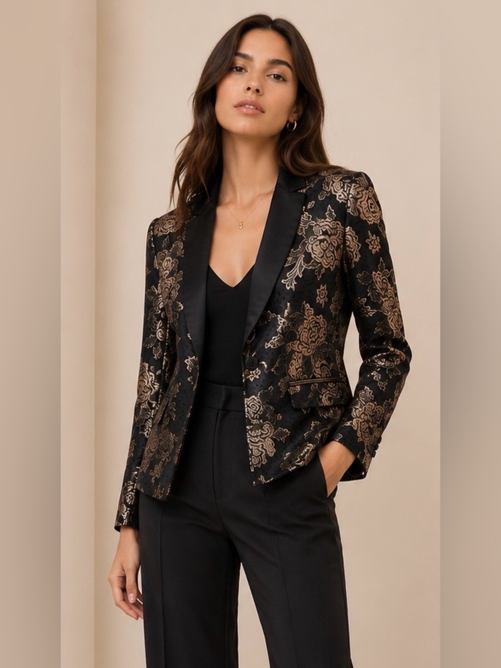 SAGE THE LABEL Hey Baby Metallic Floral Jacquard Blazer Gold Medium NWT